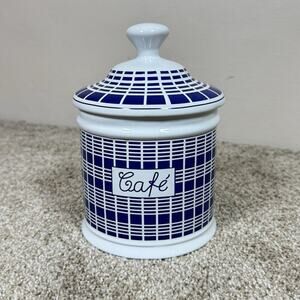WILLIAMS SONOMA Canister Café Blue White Checkered Cafe Coffee French Kitchen